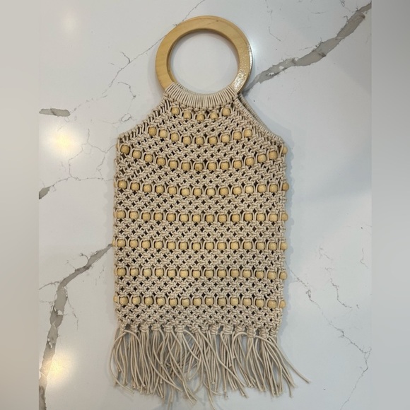 Macrame beach bag with wood, beading, design and wooden circular handles  boho - Picture 1 of 6